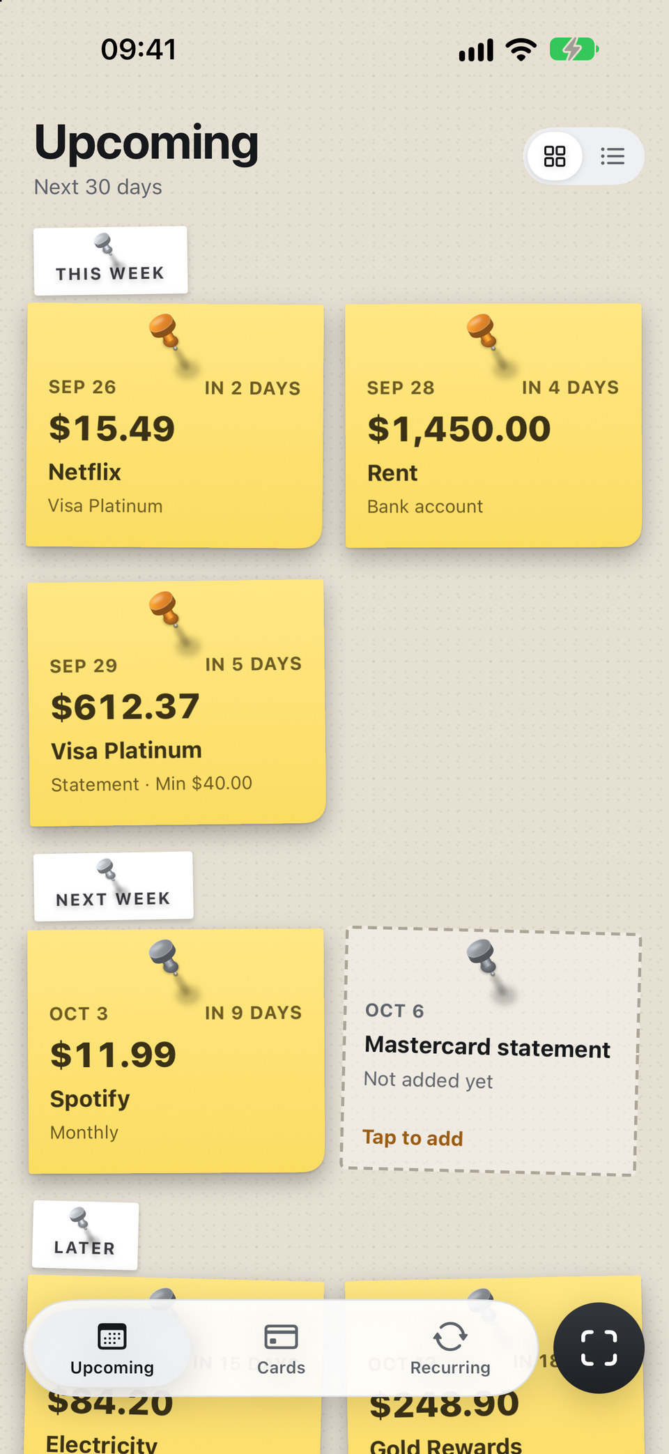 Duebook board: upcoming payments for the next 30 days as pinned notes, with date, amount and days left.