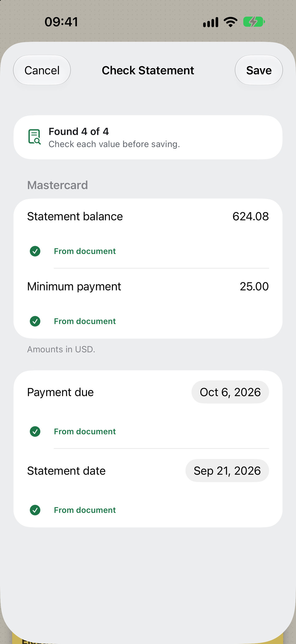 Duebook scan: statement balance, minimum payment, due date and statement date found in the document, ready to check.