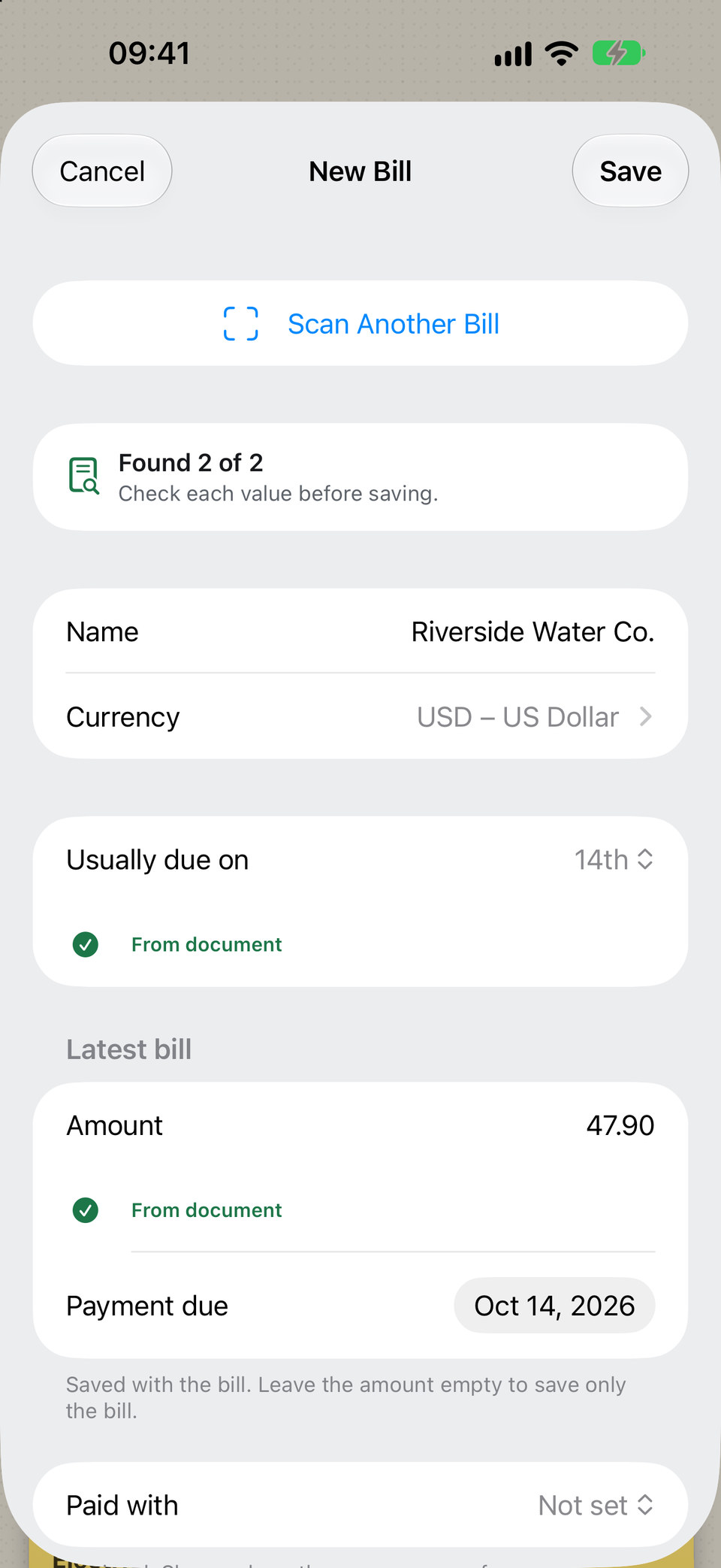 Duebook scan of a water bill: name, due day, amount and payment date filled in from the document.