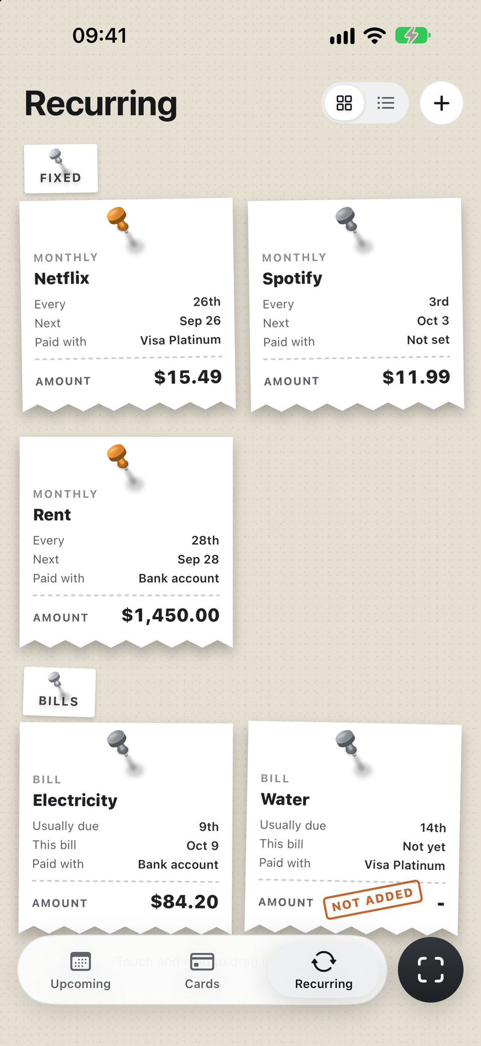 Duebook recurring: fixed payments like Netflix, Spotify and rent, and bills like electricity and water.