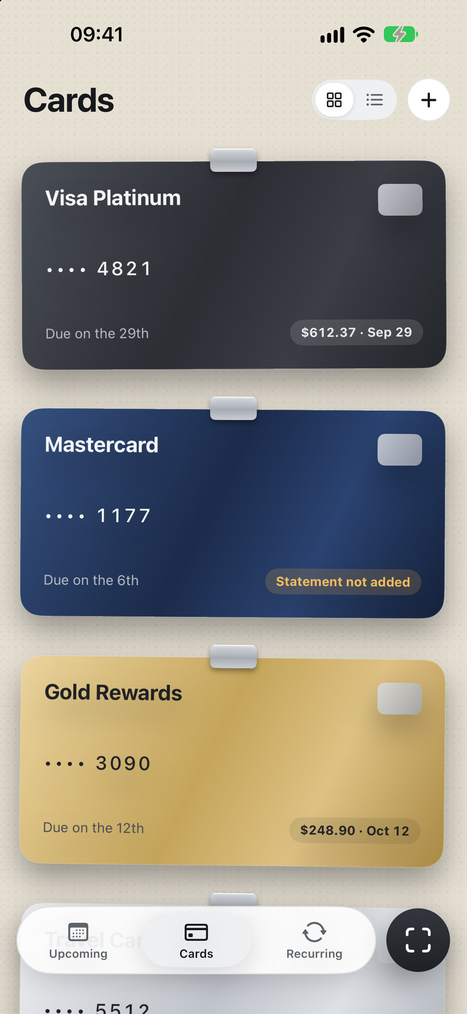Duebook cards: each card with its due day and the statement amount, or a note that the statement is not added yet.