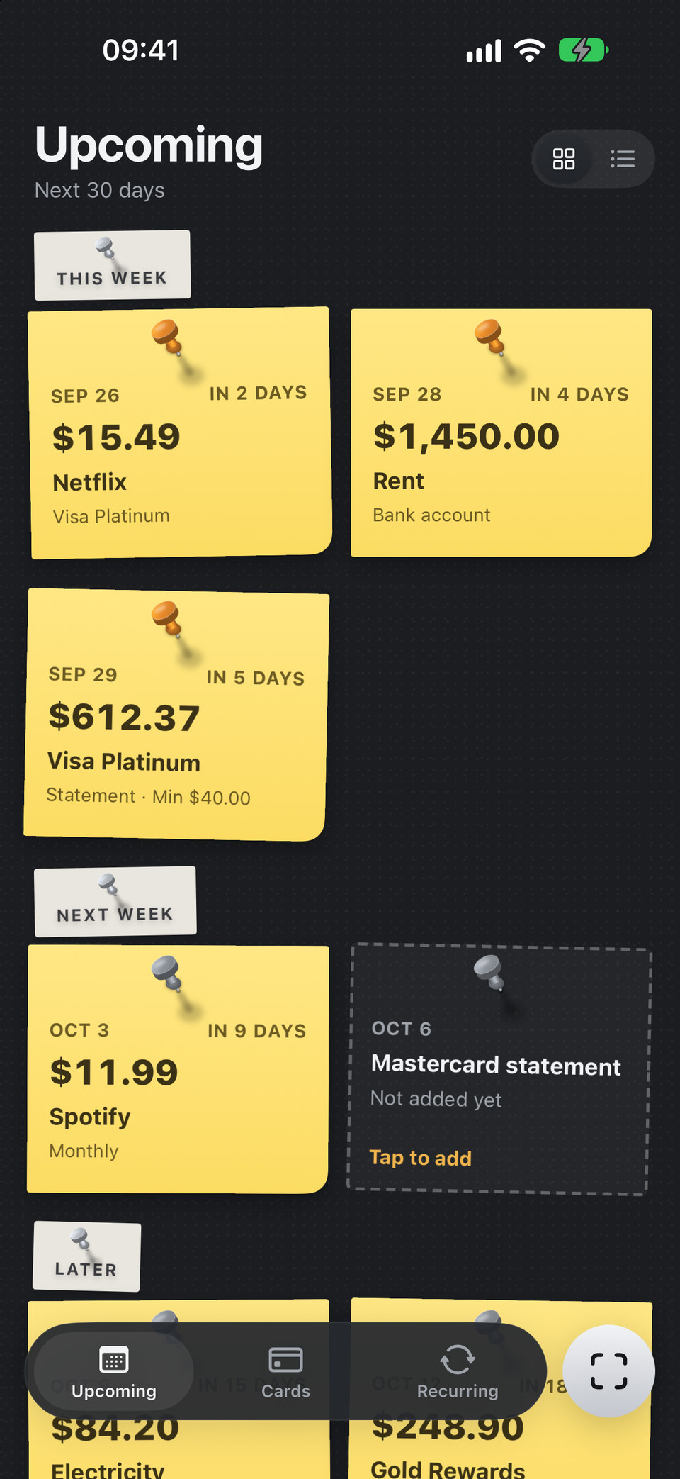 Duebook in dark mode with a reminder notification: a card payment due in 3 days.